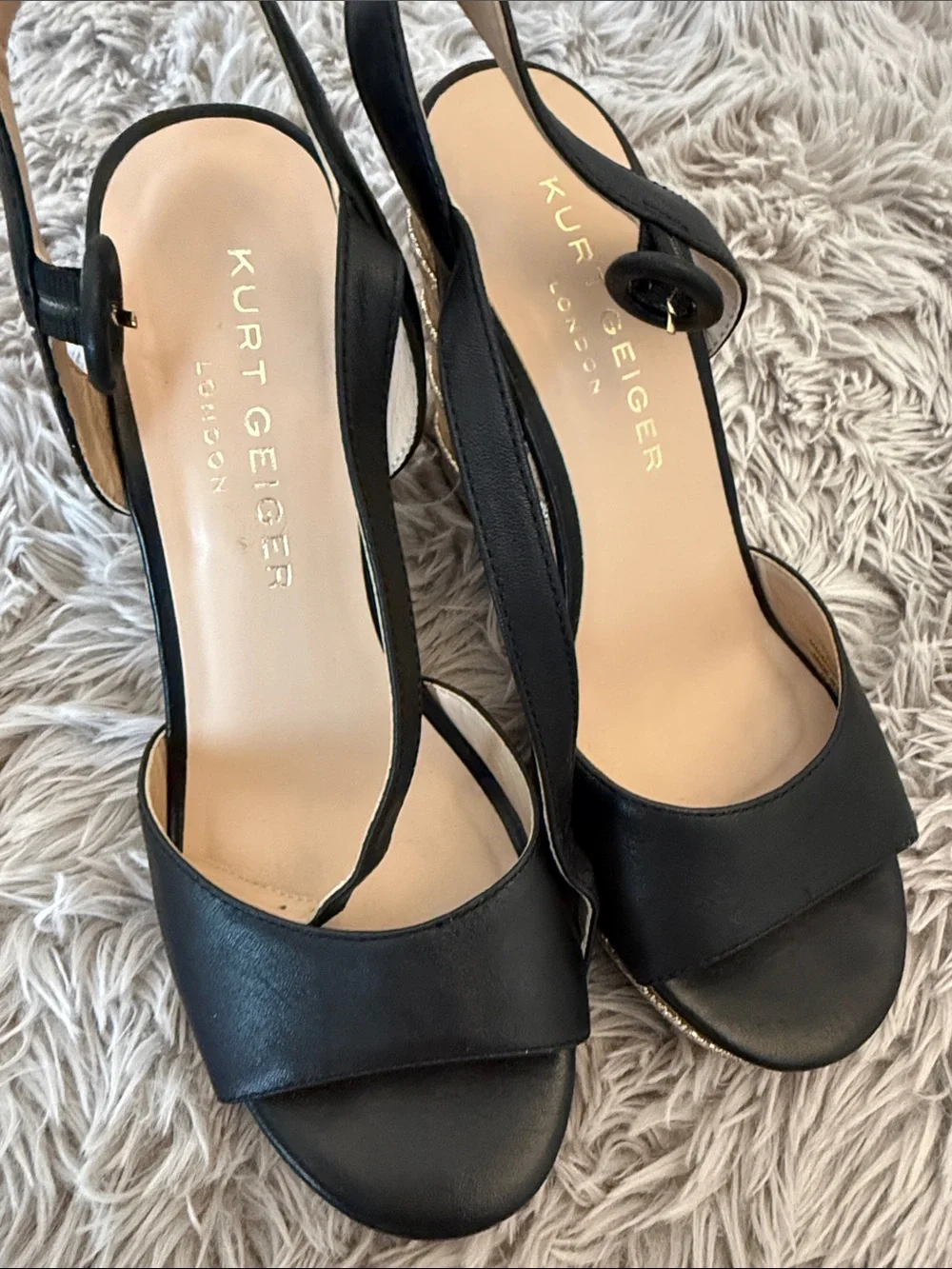 Kurt Geiger Black Leather Cork Wedge Sandals